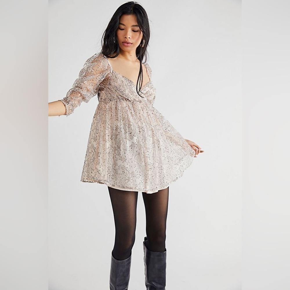 Host Pick✨Free People Heavenly Lace Tunic Top/Mini Dress Champagne Toast Sz L